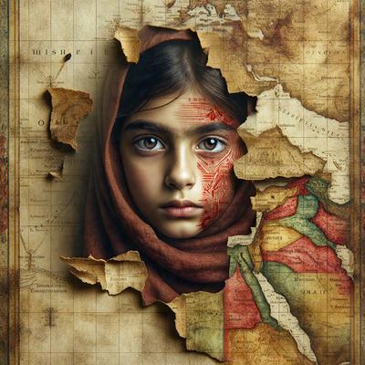 The primary subject of the image is a young girl with a brown headscarf. She is wearing a red and white dress and is looking at the viewer. The setting is a map, which serves as the backdrop for the image. The visual style is a combination of photo and digital art, creating a unique and intriguing composition. The colors in the image are predominantly brown and red, giving the scene a warm and earthy atmosphere.